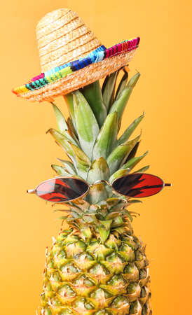 Fresh pineapple with stylish accessories on color backgroundの写真素材