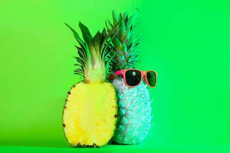 Toned fresh pineapples with stylish sunglasses on color background