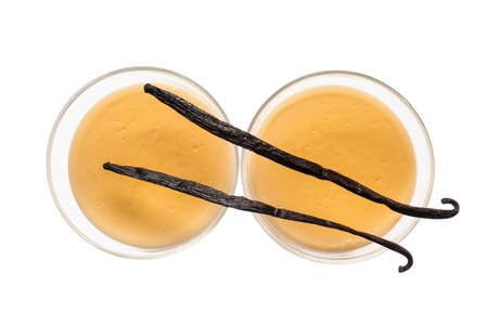 Glass bowls with tasty vanilla pudding on white background