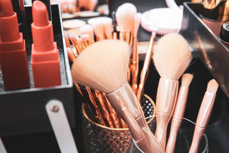 Case of professional makeup artist with brushes and cosmetics, closeupの写真素材