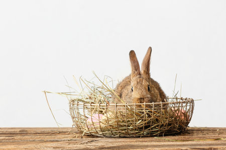 Cute fluffy rabbit sitting in basket on wooden table against light background