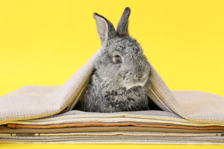 Cute fluffy rabbit and towels on color backgroundの写真素材