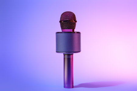 Modern microphone on color backgroundの写真素材