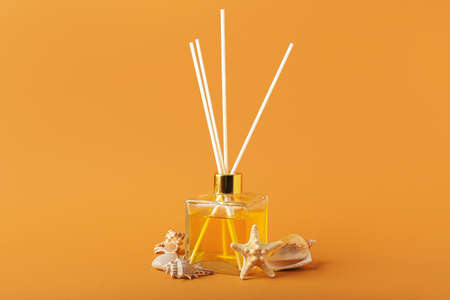 Reed diffuser with seashells on color background
