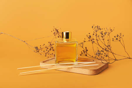 Floral reed diffuser on color background