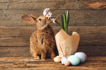 Cute rabbit, blooming spring plant and Easter eggs on wooden background