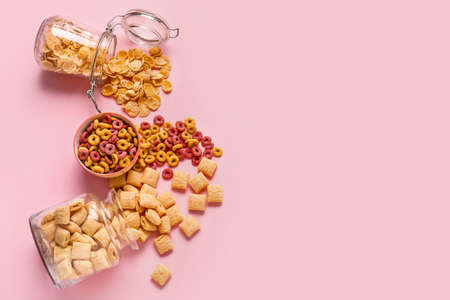 Different cereals on color backgroundの写真素材