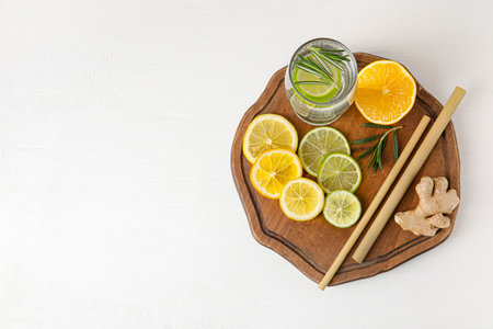 Glass of healthy lemonade and citrus fruits on white backgroundの写真素材