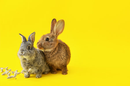 Cute rabbits and pussy willow on color backgroundの写真素材