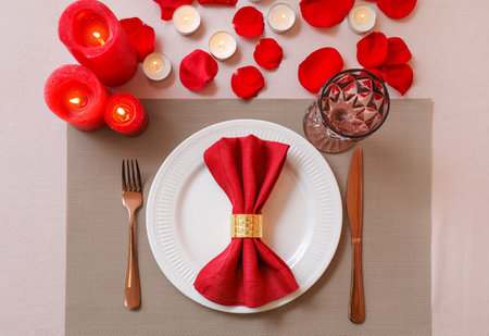 Festive table setting for Valentines Day celebrationの写真素材