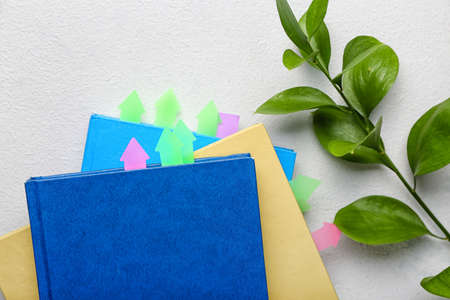 Books with bookmarks and branch on light background