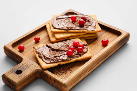 Tasty crackers with chocolate paste and cranberry on gray background