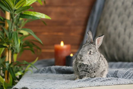 Cute rabbit on table in roomの写真素材