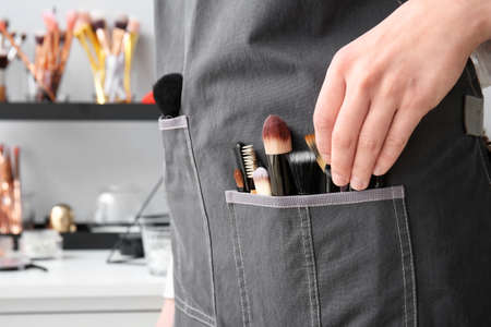 Professional makeup artist with set of brushes in beauty salon
