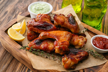 Board with roasted chicken wings and sauces on wooden backgroundの写真素材