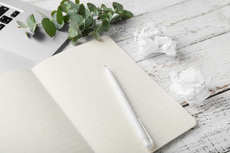 Notebook, pen and crumpled paper on light wooden background, closeup