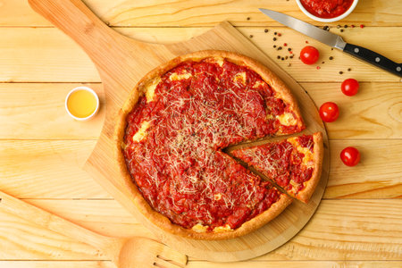 Board with tasty Chicago-style pizza and ingredients on wooden backgroundの写真素材