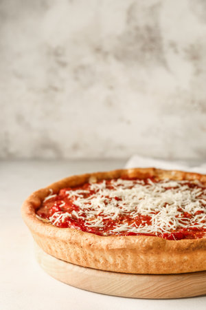 Tasty Chicago-style pizza on light backgroundの写真素材