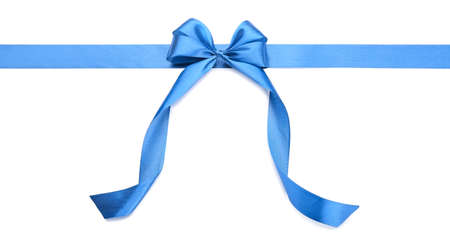Blue ribbon with bow on white backgroundの写真素材