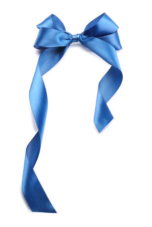 Beautiful bow made from blue ribbon on white backgroundの写真素材