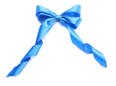 Beautiful bow made from blue ribbon on white backgroundの写真素材