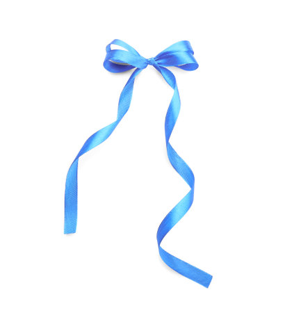 Beautiful bow made from blue ribbon on white backgroundの写真素材