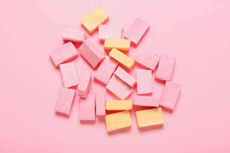 Tasty chewing gums on color backgroundの写真素材