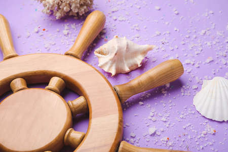 Helm and sea shells on color background