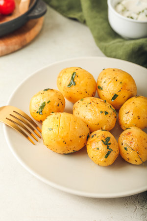 Plate of tasty baked potatoes with parsley on light backgroundの写真素材