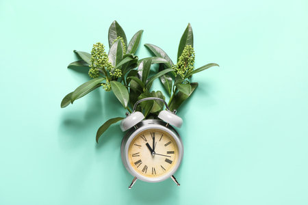 Alarm clock and green branches on color backgroundの写真素材