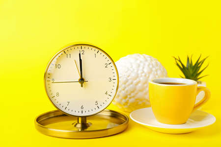 Alarm clock, cup of coffee and houseplant on color background