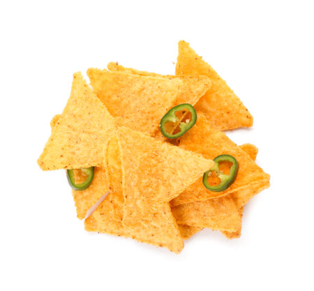 Tasty nachos with chili pepper on white backgroundの写真素材
