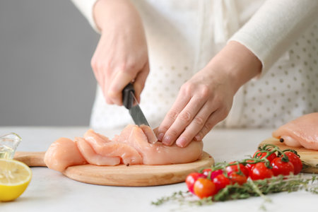 Woman cutting raw chicken fillet on tableの写真素材