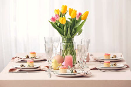 Beautiful table setting for Easter celebrationの写真素材