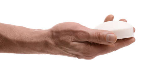 Man washing hands on white backgroundの写真素材