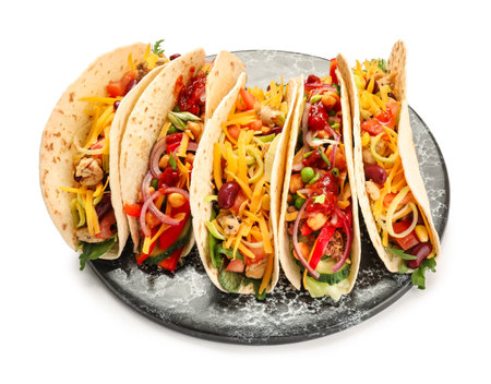 Plate with tasty tacos on white backgroundの写真素材