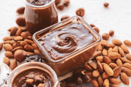Bowl and jars with tasty chocolate paste and nuts on light backgroundの写真素材