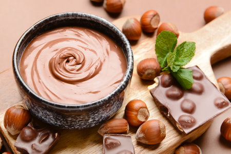 Bowl with tasty chocolate paste and hazelnuts on color backgroundの写真素材