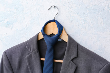 Hanger with stylish male suit hanging on white wall, closeupの写真素材