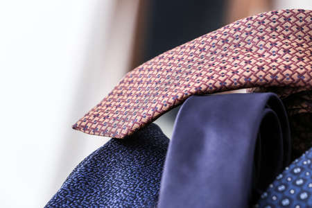 Different stylish neck ties, closeup