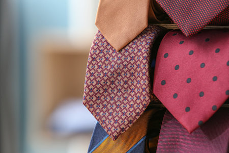 Box with many stylish neckties, closeupの写真素材