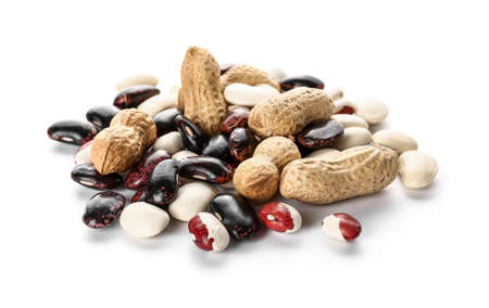 Heap of different legumes on white background