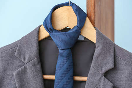 Hanger with stylish suit, closeupの写真素材