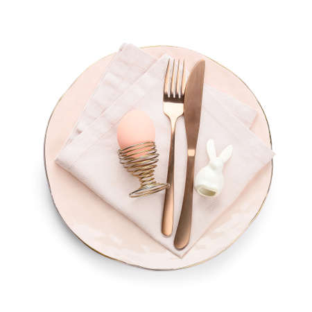 Beautiful table setting for Easter celebration on white background