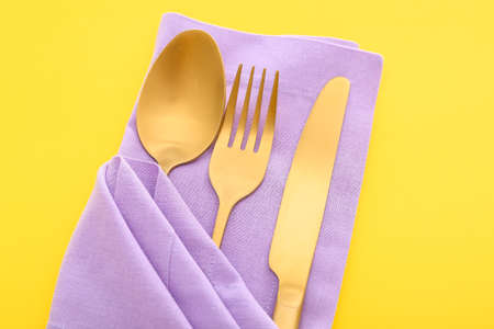 Beautiful table setting on color backgroundの写真素材