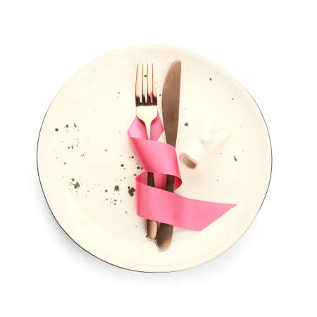 Beautiful table setting for Easter celebration on white background