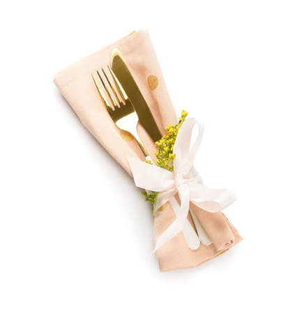 Beautiful table setting on white background