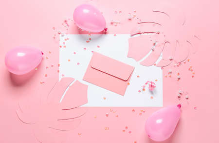 Festive composition with air balloons on color backgroundの写真素材