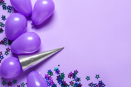 Festive composition with air balloons on color backgroundの写真素材