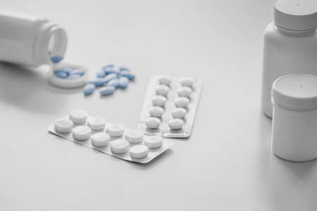 Different pills on table, closeup